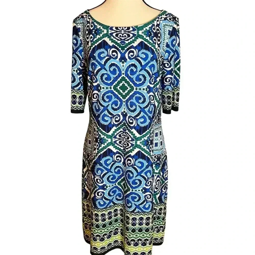 ELIZA J Elbow Sleeve Green & Blue Sheath Dress Women’s Size 10 Geometric